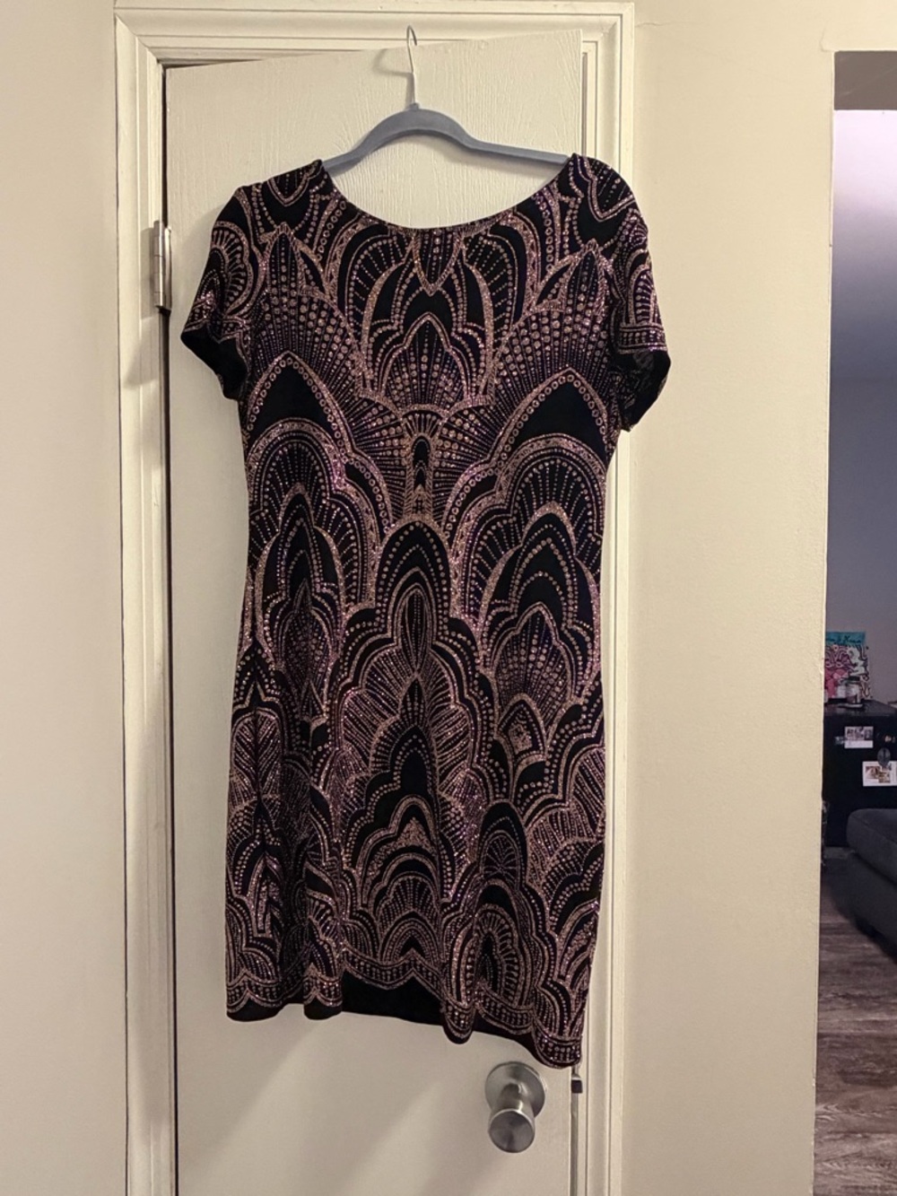 Jump Black and Metallic Pink Patterned Short Sleeve Mini Dress